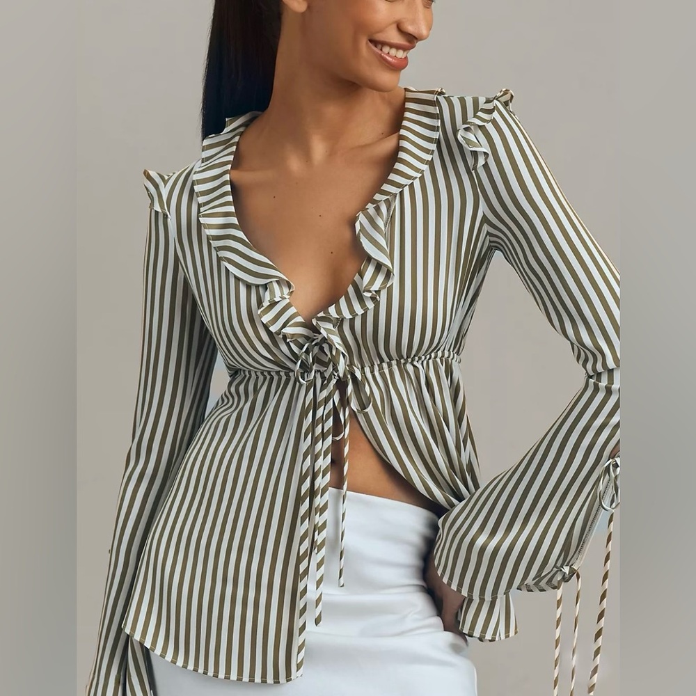 Anthropologie Bardot Dhalia Frill Ruffled Tie Front Blouse 12